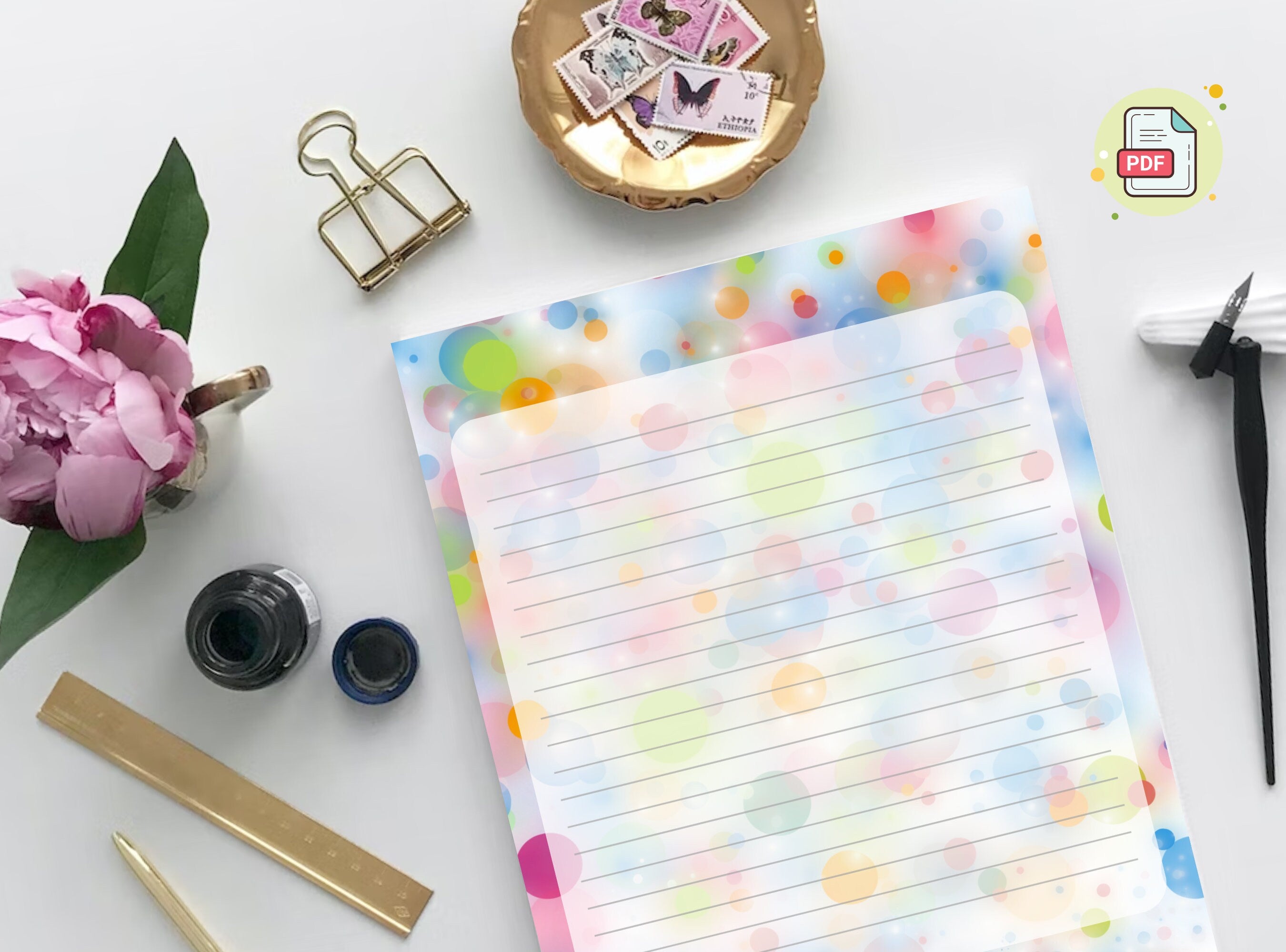 Bubbles Glow Printable Stationery Paper - Colorful Bubbles, Party Journal Paper, Letter, Note, Lined Paper, Digital, Goodnotes, Thank You