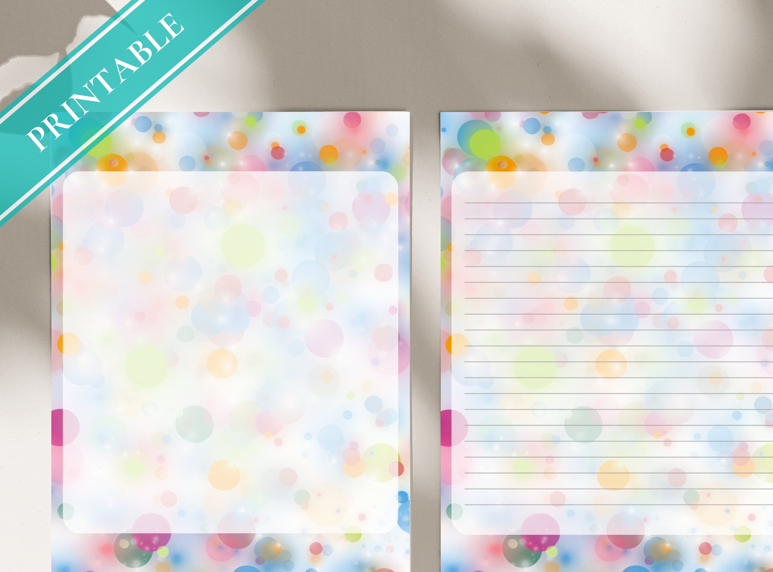 Bubbles Glow Printable Stationery Paper - Colorful Bubbles, Party Journal Paper, Letter, Note, Lined Paper, Digital, Goodnotes, Thank You
