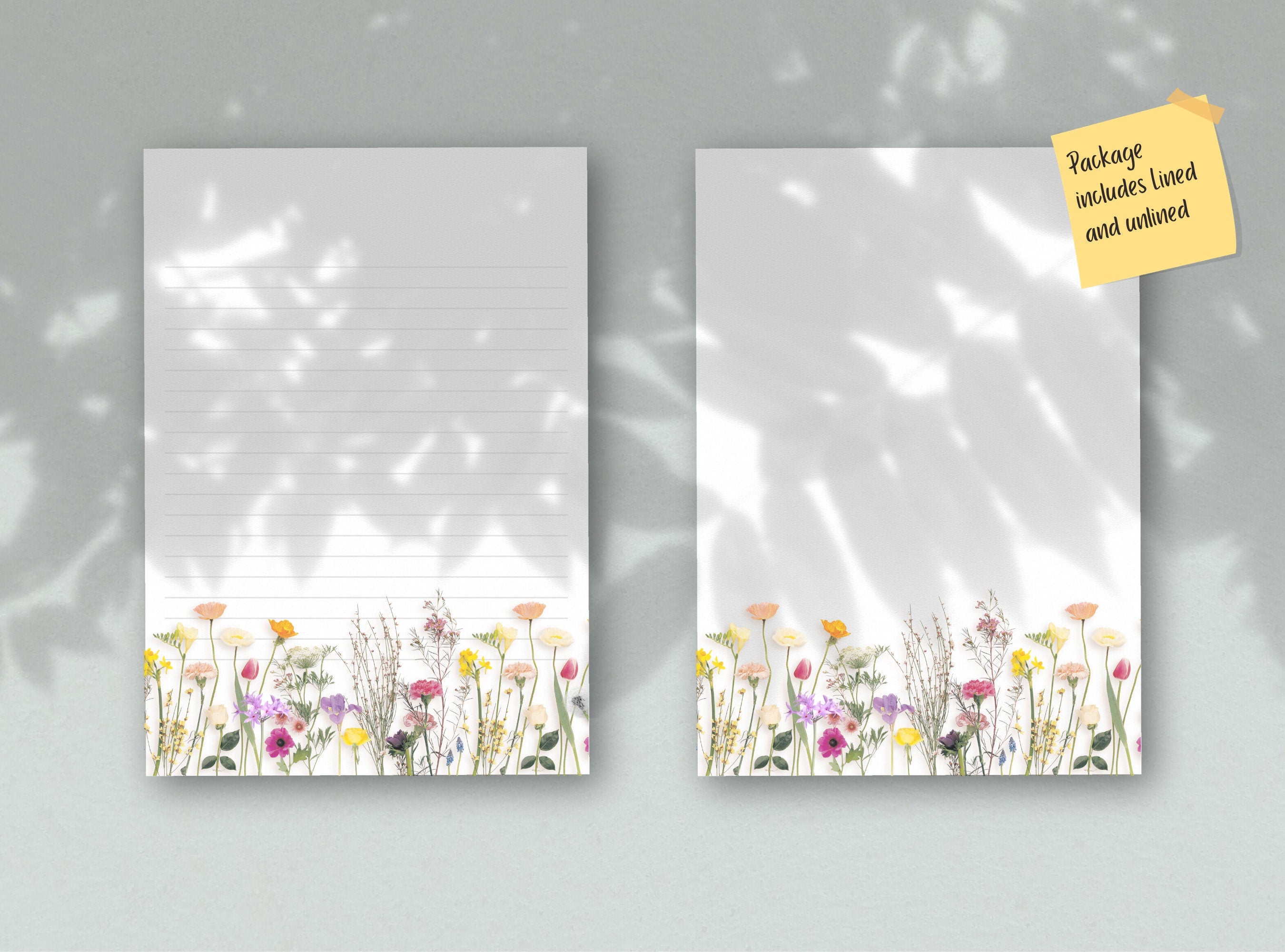 Simple Real Flowers Printable Stationery Paper - Colorful Florals, Journal Paper, Letter, Note, Lined Paper, Digital, Goodnotes, Thank You