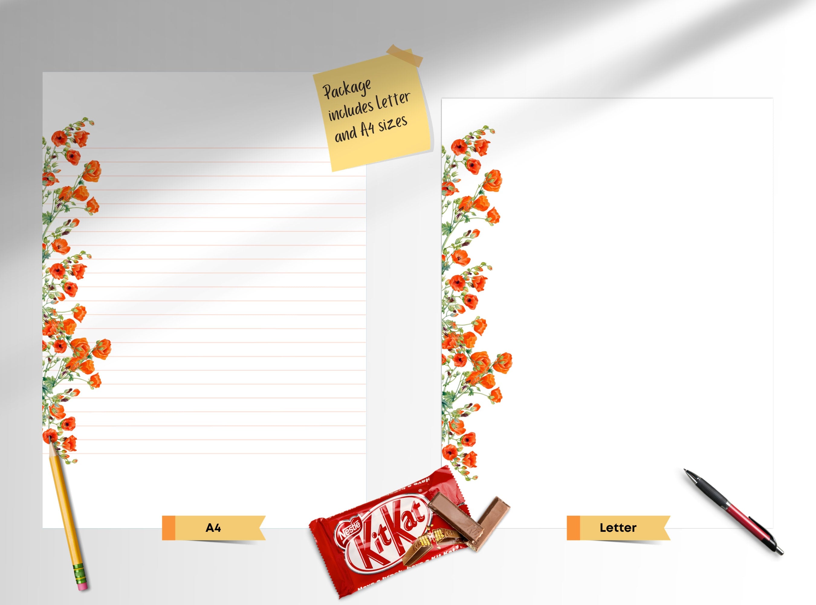 Poppies Flowers Letter Writing Paper - Printable Stationery - Love Letter, Journal Paper, Note, Lined, Goodnotes, Thank You | Cute Animals