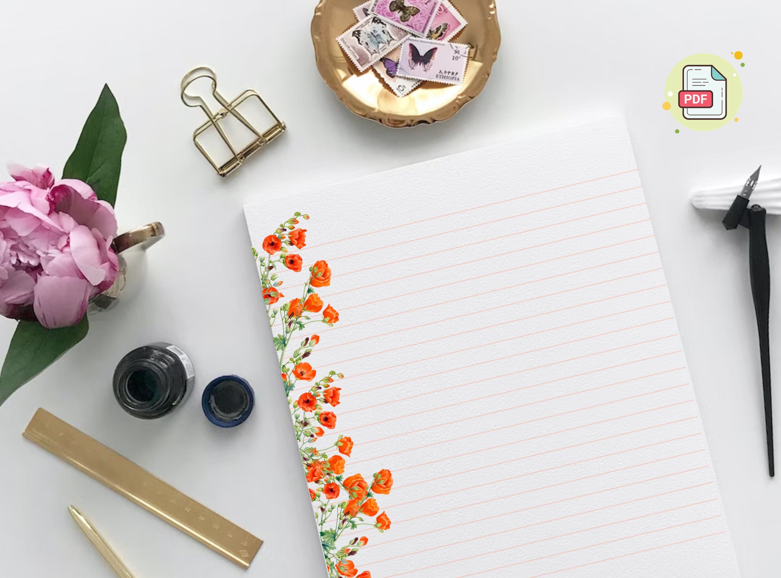 Poppies Flowers Letter Writing Paper - Printable Stationery - Love Letter, Journal Paper, Note, Lined, Goodnotes, Thank You | Cute Animals