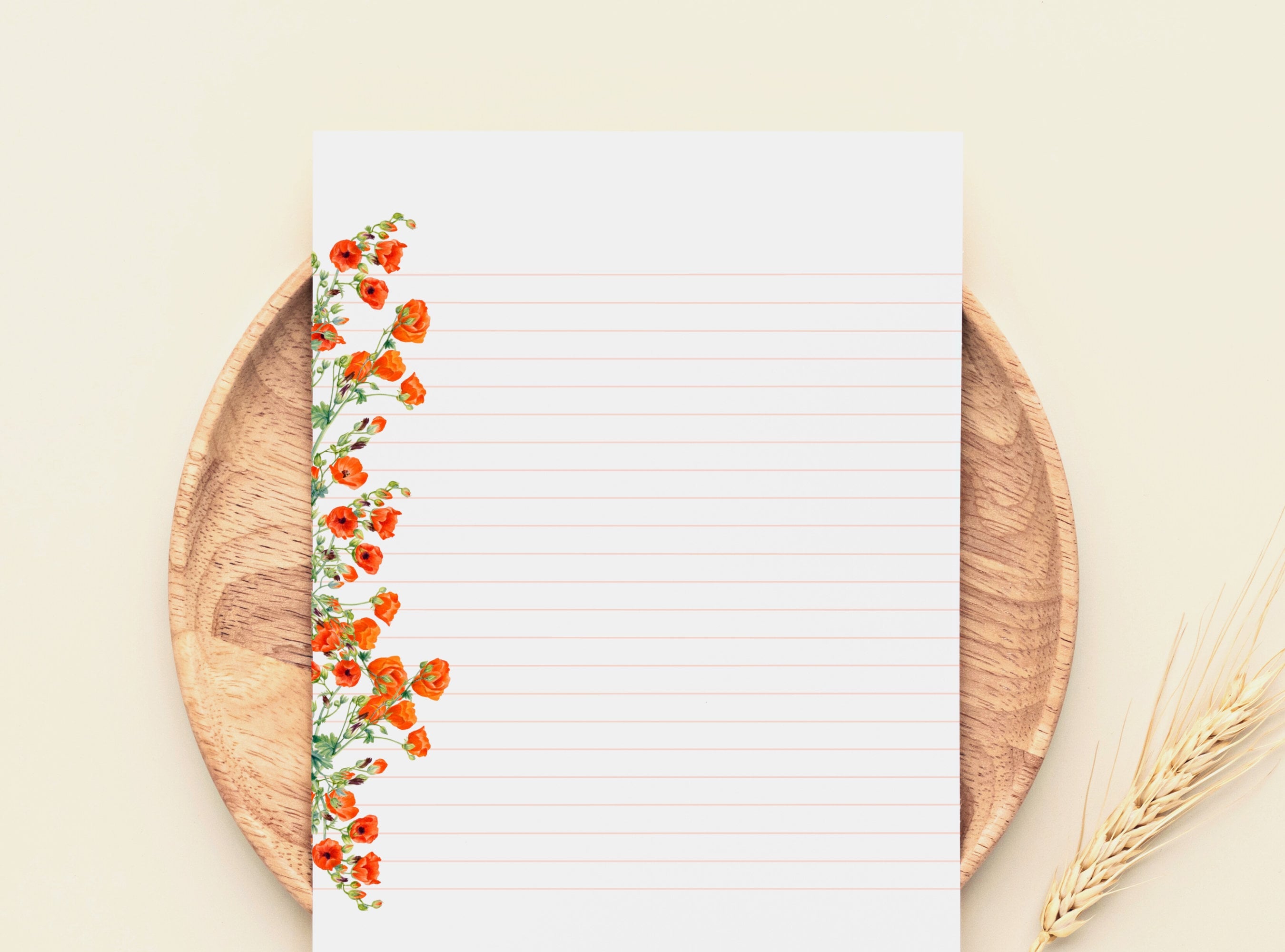 Poppies Flowers Letter Writing Paper - Printable Stationery - Love Letter, Journal Paper, Note, Lined, Goodnotes, Thank You | Cute Animals
