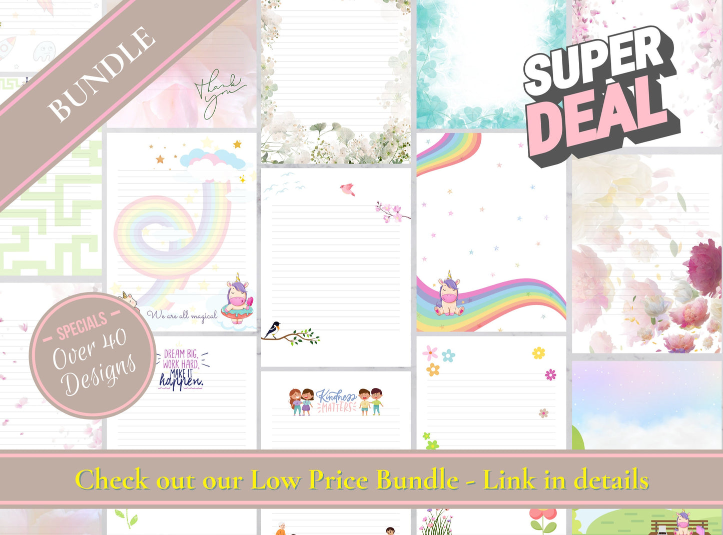 Happy Unicorn Printable Stationery Paper - Cute Rainbow Paper, Letter, Note, Lined Paper, GoodNotes | Unicorn Gump