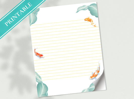 Koi Fish Letter Writing Paper - Printable Stationery - Love Letter, Journal Paper, Note, Lined, Goodnotes, Thank You Note | Nature