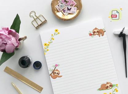 Funny Sloth Letter Writing Paper - Printable Stationery - Love Letter, Journal Paper, Note, Lined Paper, Goodnotes, Thank You | Cute Animals