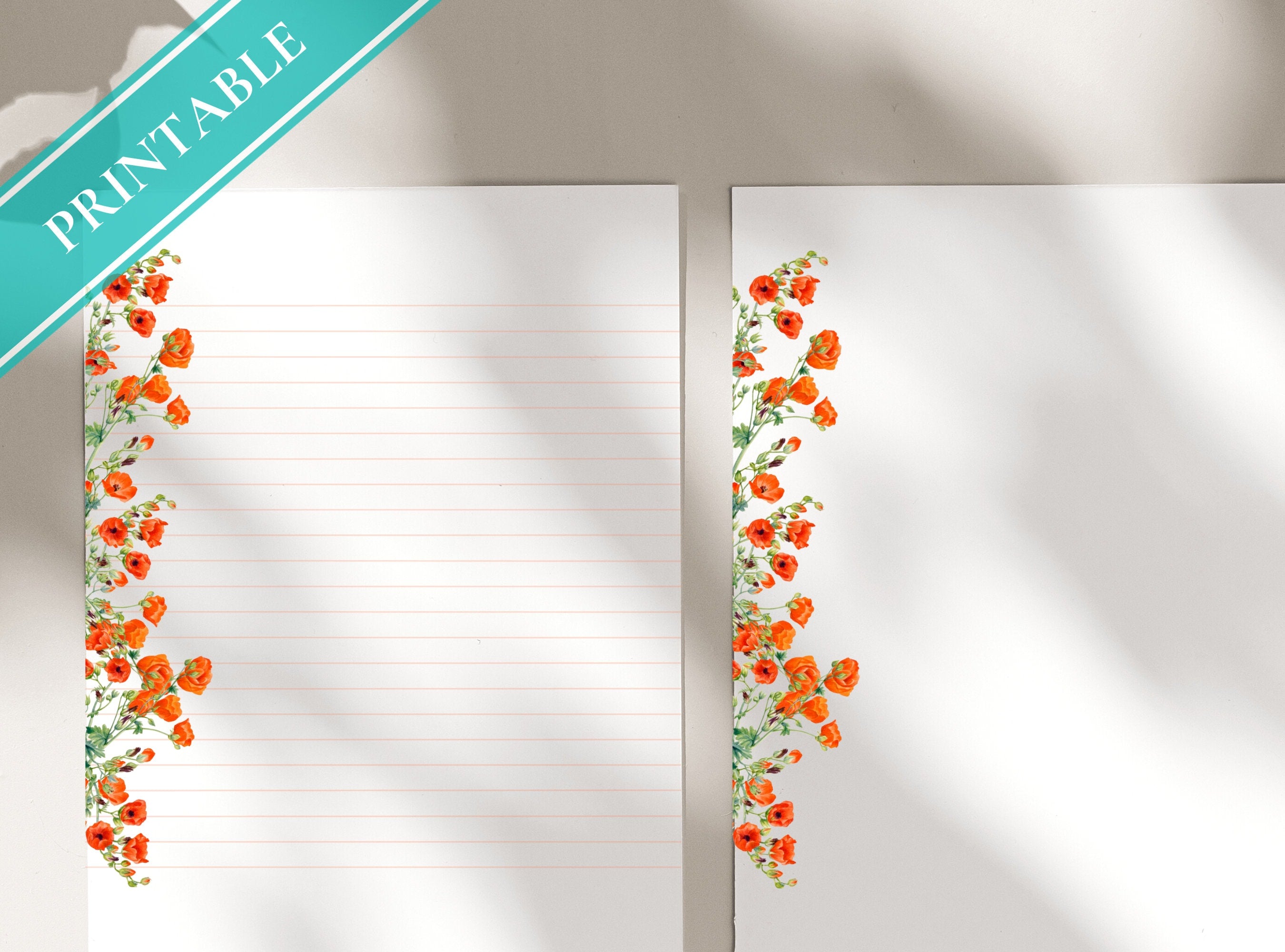 Poppies Flowers Letter Writing Paper - Printable Stationery - Love Letter, Journal Paper, Note, Lined, Goodnotes, Thank You | Cute Animals