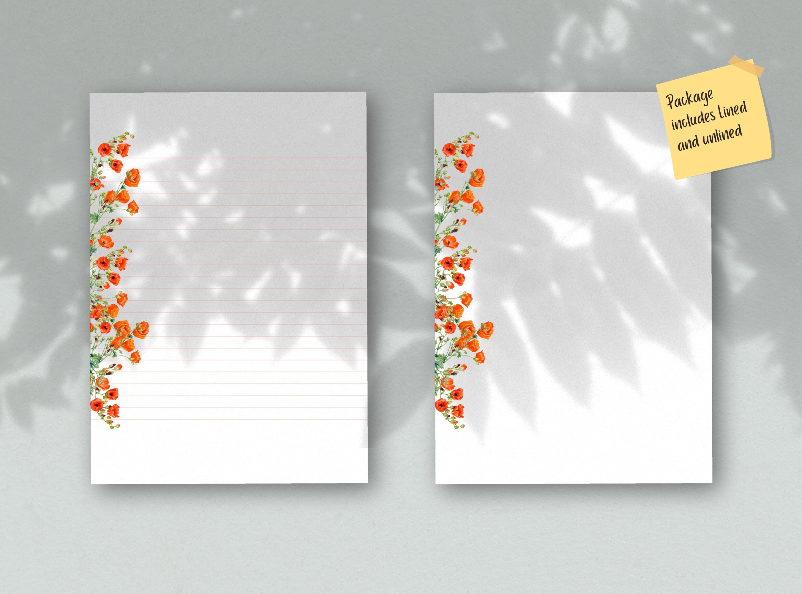 Poppies Flowers Letter Writing Paper - Printable Stationery - Love Letter, Journal Paper, Note, Lined, Goodnotes, Thank You | Cute Animals