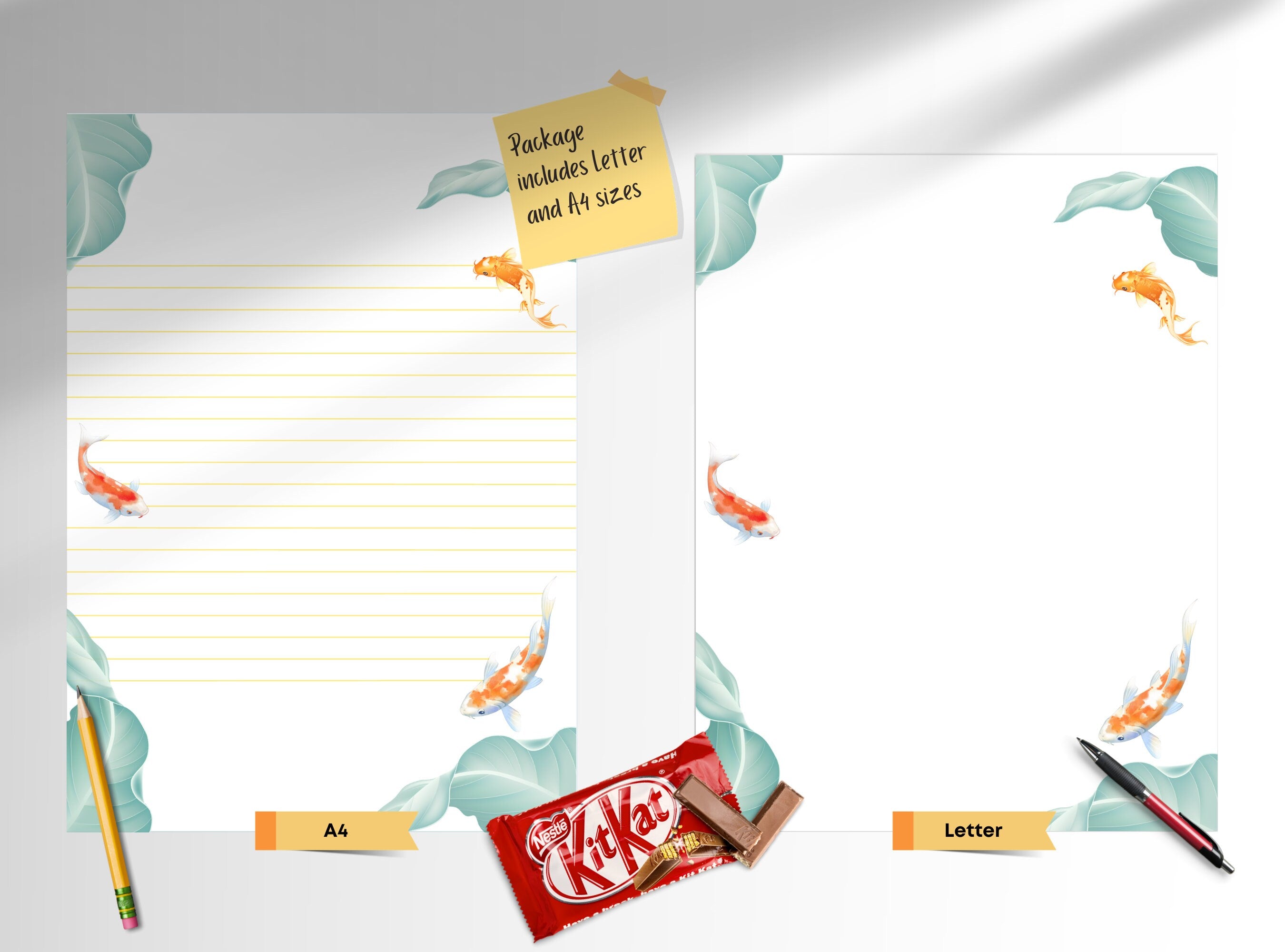 Koi Fish Letter Writing Paper - Printable Stationery - Love Letter, Journal Paper, Note, Lined, Goodnotes, Thank You Note | Nature
