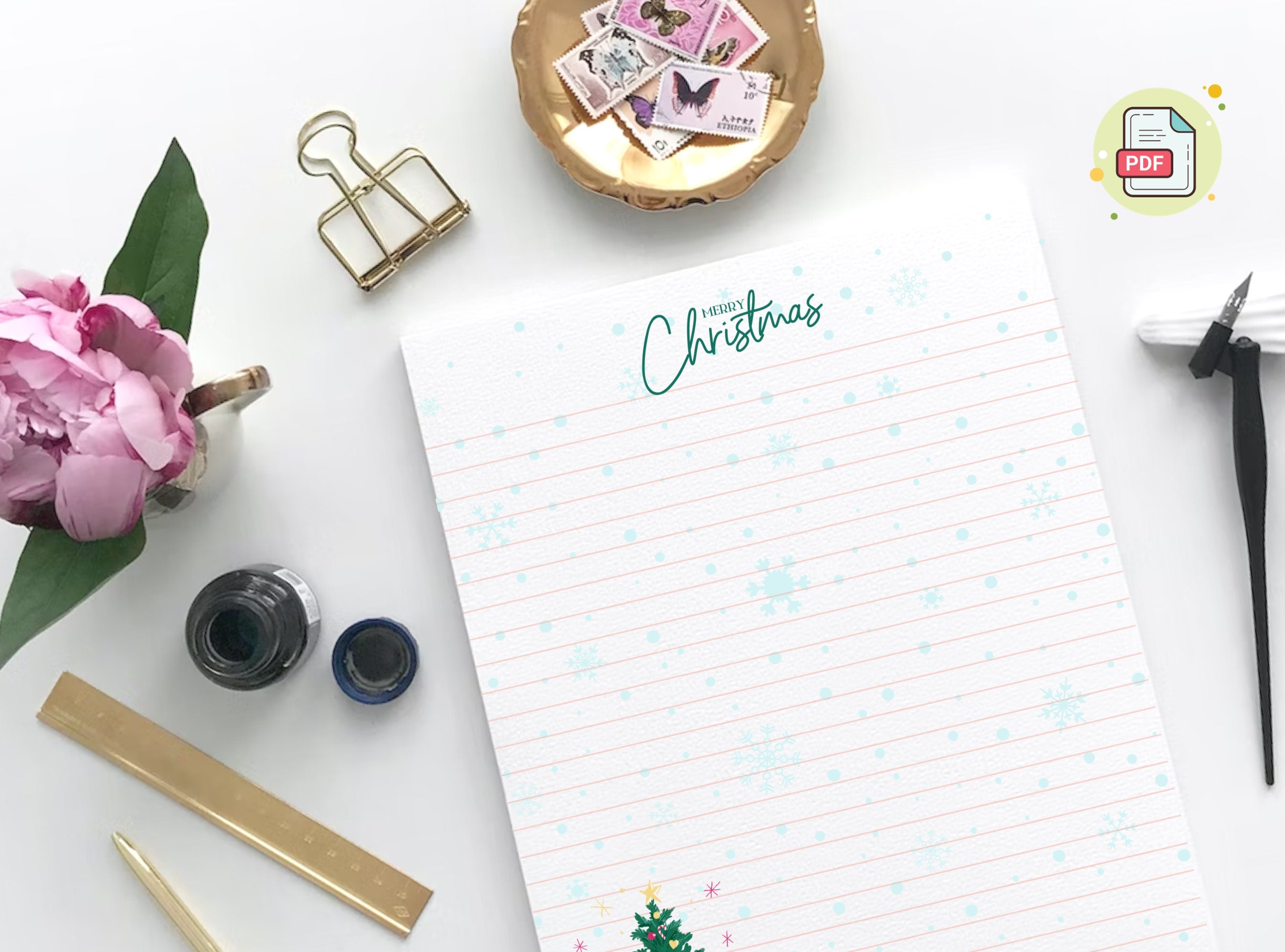 Merry Christmas Tree Reindeer Stationery Letter Writing Paper - Printable letter, Love Letter, Journal Paper, Lined, Goodnotes | Holidays